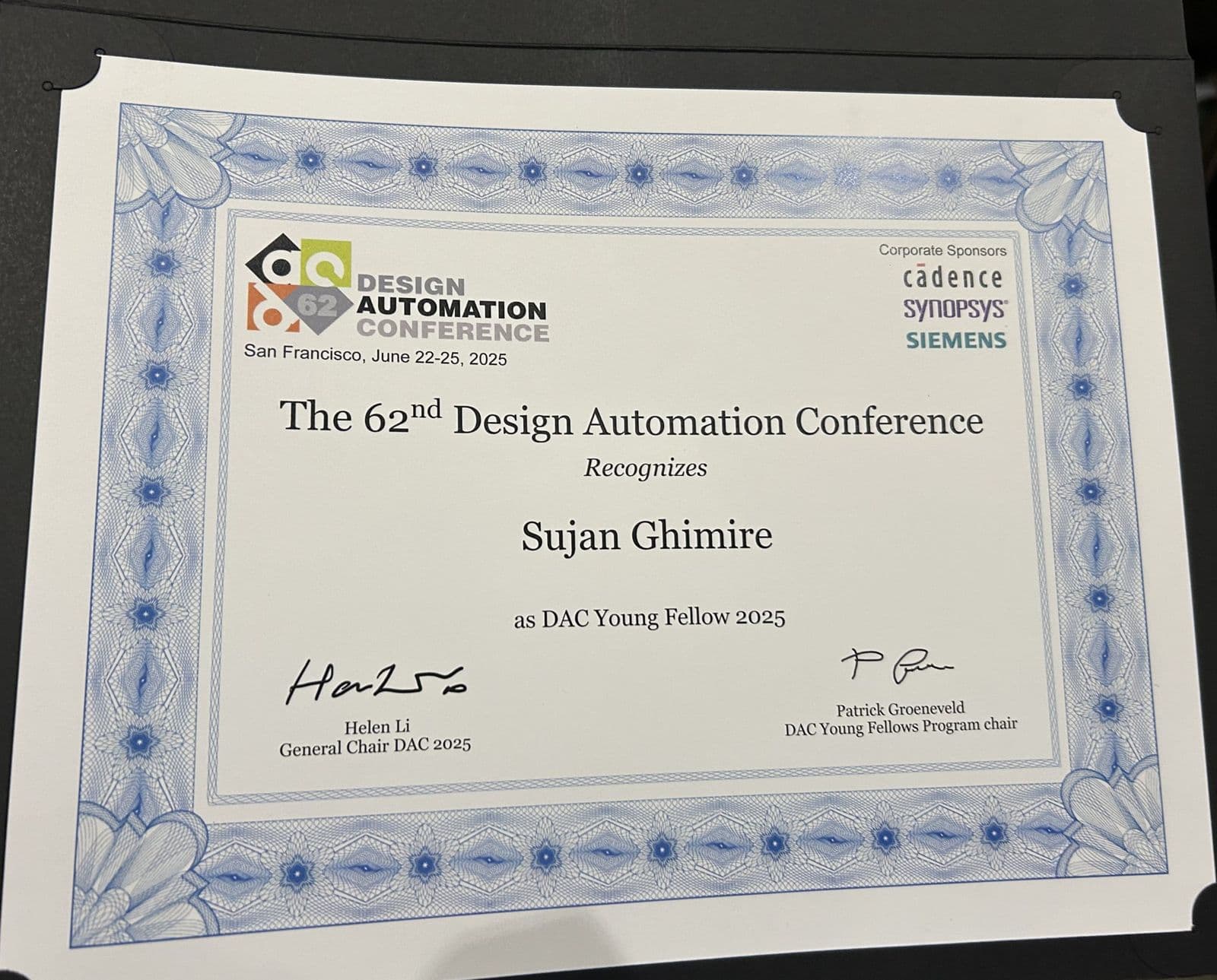 Certificate from the 62nd Design Automation Conference recognizing Sujan Ghimire as DAC Young Fellow 2025.